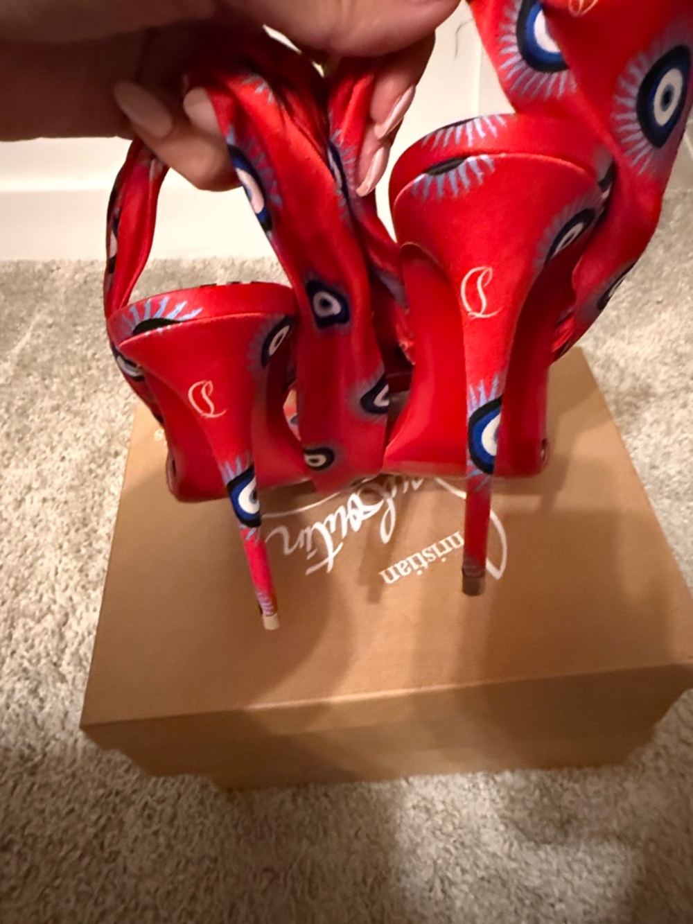 Christian Louboutin Red Satin Eye-Print Stiletto Sandals with Ankle Tie - Picture 4 of 6